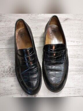 Women's Black Croc-Alligator Ralph Lauren Leather Penny Loafers